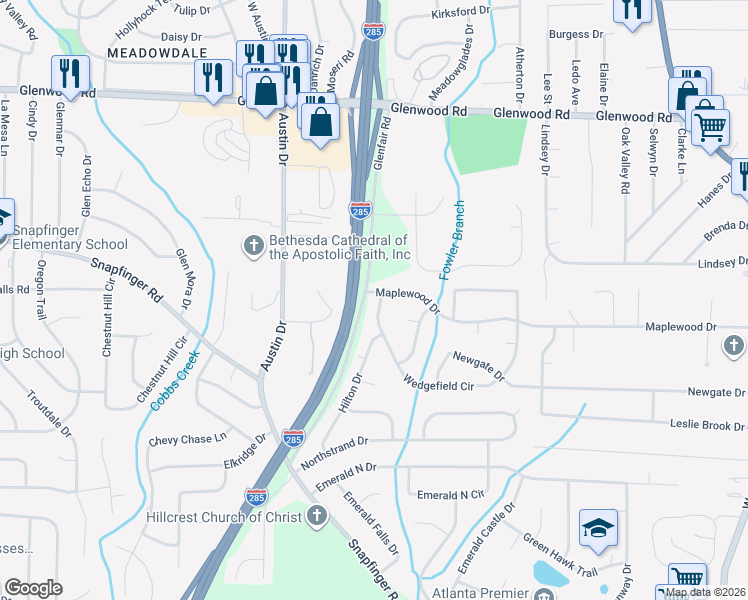 map of restaurants, bars, coffee shops, grocery stores, and more near 3833 Wedgefield Circle in Decatur