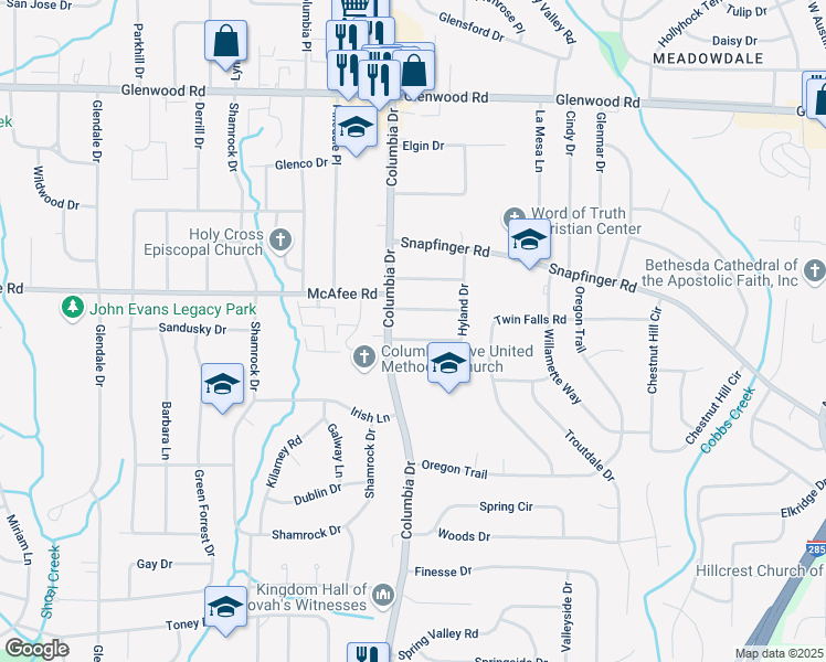 map of restaurants, bars, coffee shops, grocery stores, and more near 3388 Hyland Drive in Decatur