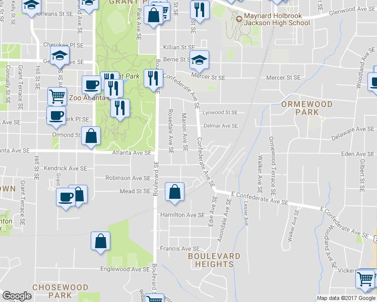 map of restaurants, bars, coffee shops, grocery stores, and more near 654 Atlanta Avenue Southeast in Atlanta