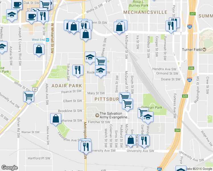 map of restaurants, bars, coffee shops, grocery stores, and more near 896 Welch Street Southwest in Atlanta