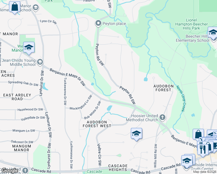 map of restaurants, bars, coffee shops, grocery stores, and more near 925 Peyton Road Southwest in Atlanta