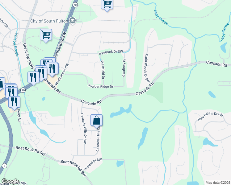 map of restaurants, bars, coffee shops, grocery stores, and more near 5215 Cascade Road in Atlanta