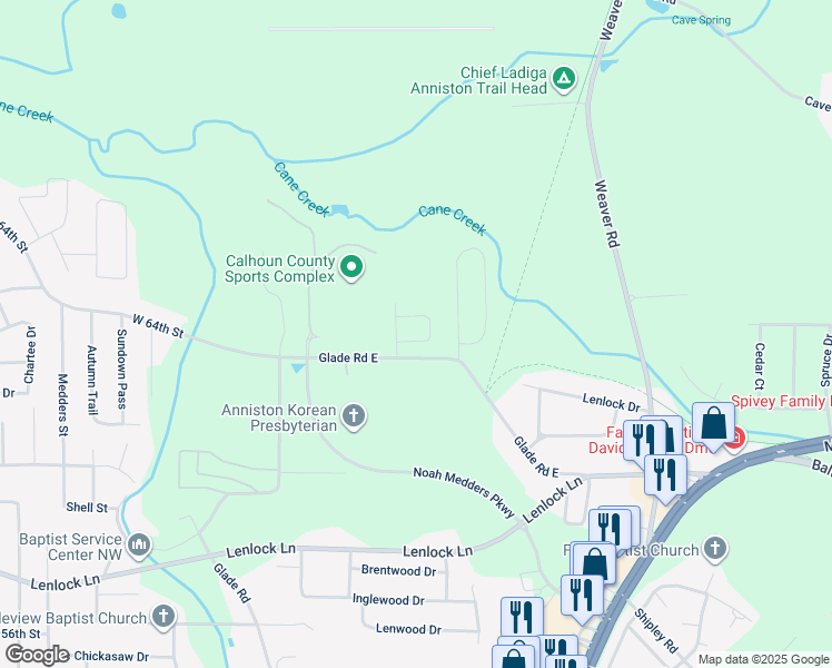 map of restaurants, bars, coffee shops, grocery stores, and more near 908 Willow Pointe in Anniston