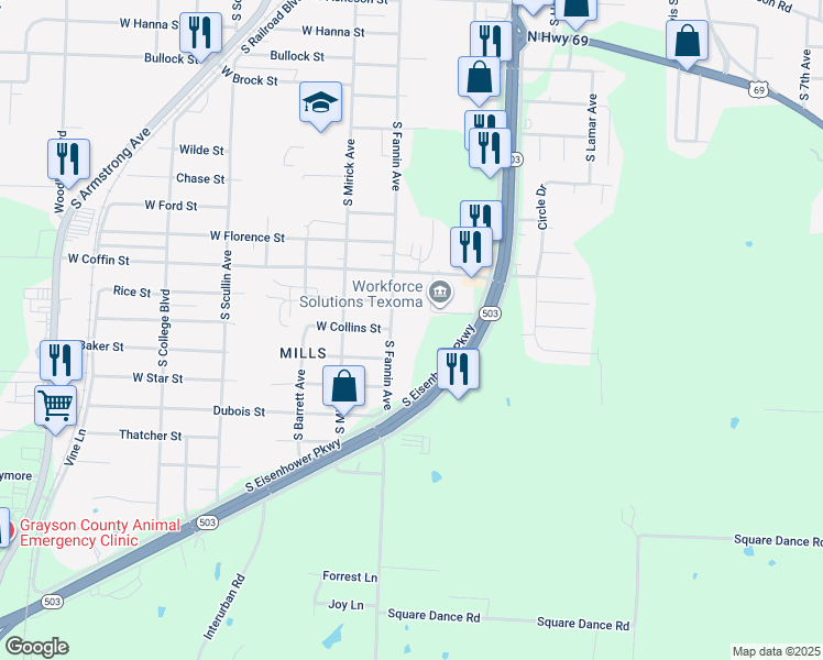 map of restaurants, bars, coffee shops, grocery stores, and more near 501 West Collins Street in Denison