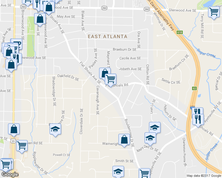 map of restaurants, bars, coffee shops, grocery stores, and more near 886 Bouldercrest Drive Southeast in Atlanta
