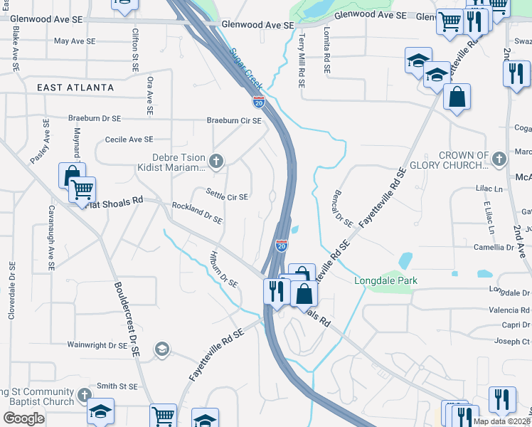 map of restaurants, bars, coffee shops, grocery stores, and more near 1940 Flat Shoals Road Southeast in Atlanta