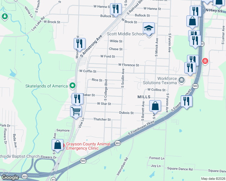 map of restaurants, bars, coffee shops, grocery stores, and more near 926 West Collins Street in Denison