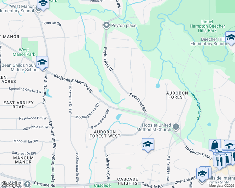 map of restaurants, bars, coffee shops, grocery stores, and more near 925 Peyton Road Southwest in Atlanta