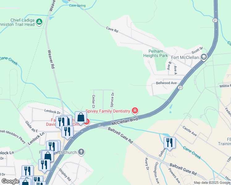 map of restaurants, bars, coffee shops, grocery stores, and more near 421 Hillside Drive in Anniston