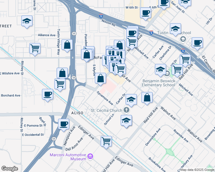 map of restaurants, bars, coffee shops, grocery stores, and more near 14662 Newport Avenue in Tustin