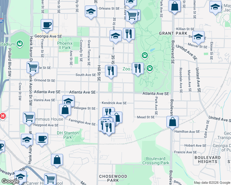map of restaurants, bars, coffee shops, grocery stores, and more near Atlanta Avenue Southeast in Atlanta