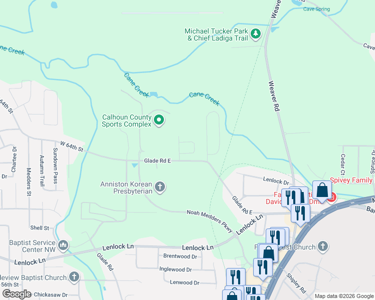 map of restaurants, bars, coffee shops, grocery stores, and more near 908 Willow Pointe in Anniston