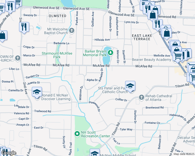 map of restaurants, bars, coffee shops, grocery stores, and more near 2272 Alpha Drive in Decatur