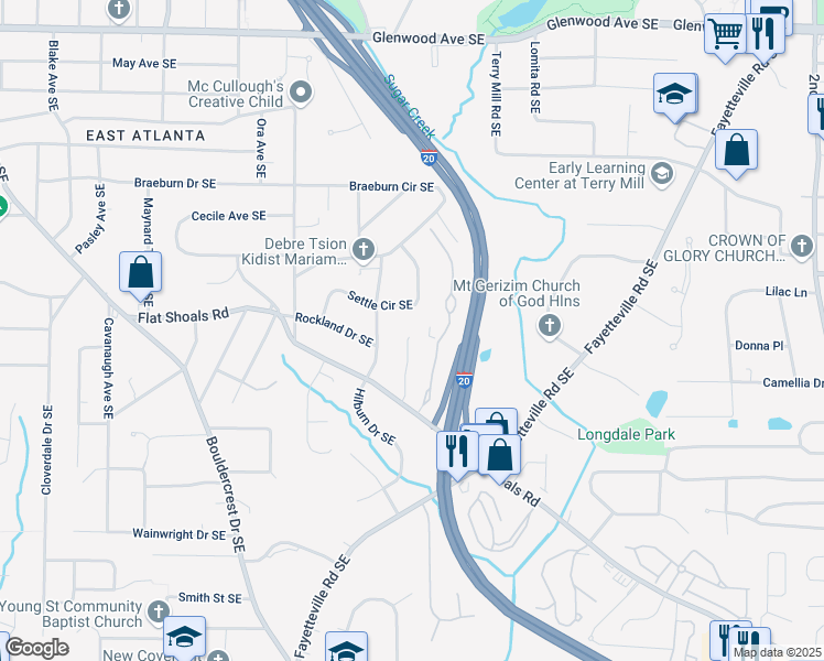 map of restaurants, bars, coffee shops, grocery stores, and more near 2078 Marshalls Lane Southeast in Atlanta