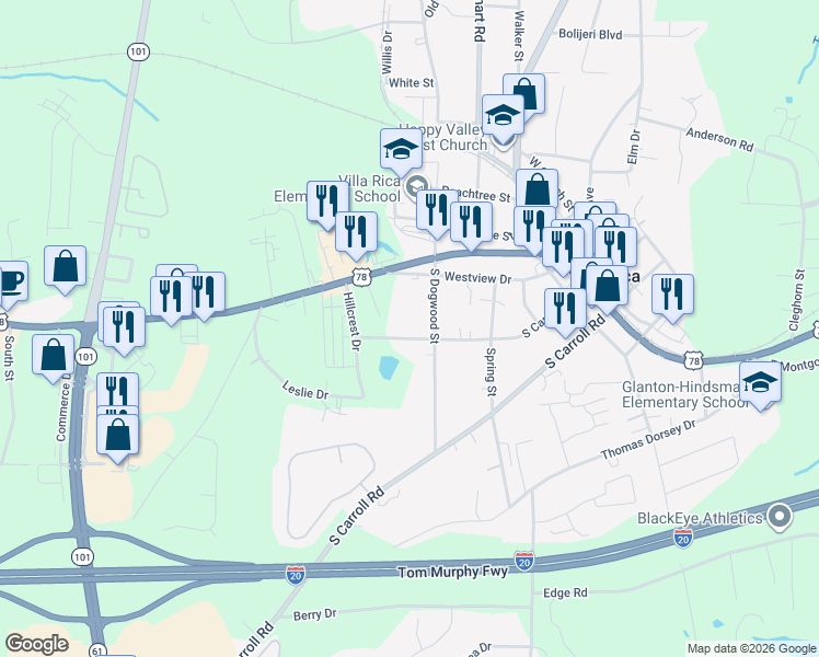 map of restaurants, bars, coffee shops, grocery stores, and more near 411 South Candler Street in Villa Rica