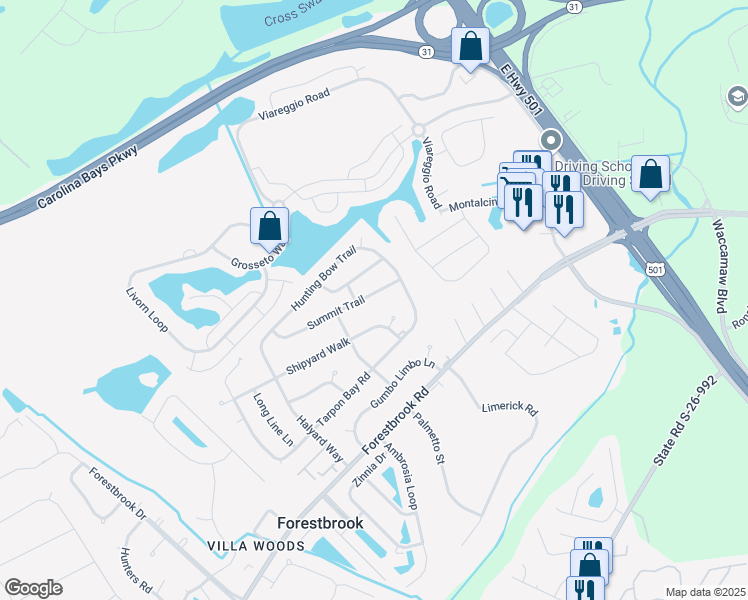 map of restaurants, bars, coffee shops, grocery stores, and more near 4342 Summit Trail in Myrtle Beach