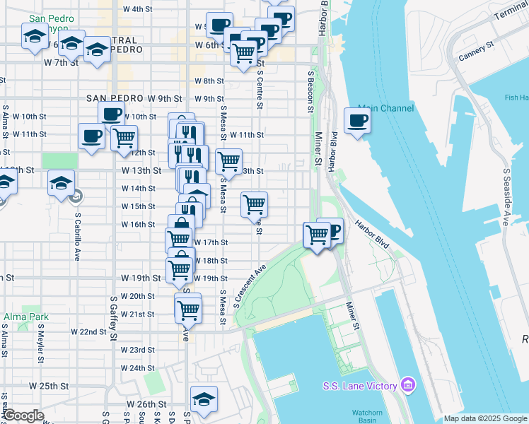 map of restaurants, bars, coffee shops, grocery stores, and more near 287 West 15th Street in Los Angeles