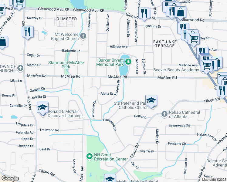 map of restaurants, bars, coffee shops, grocery stores, and more near 2272 Alpha Dr in Decatur