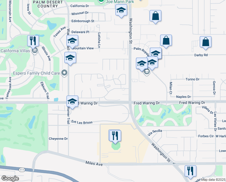 map of restaurants, bars, coffee shops, grocery stores, and more near 77955 Cll Las Brisas South in Palm Desert