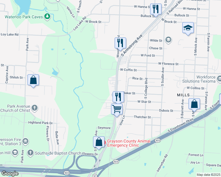map of restaurants, bars, coffee shops, grocery stores, and more near 2629 Woodlawn Boulevard in Denison