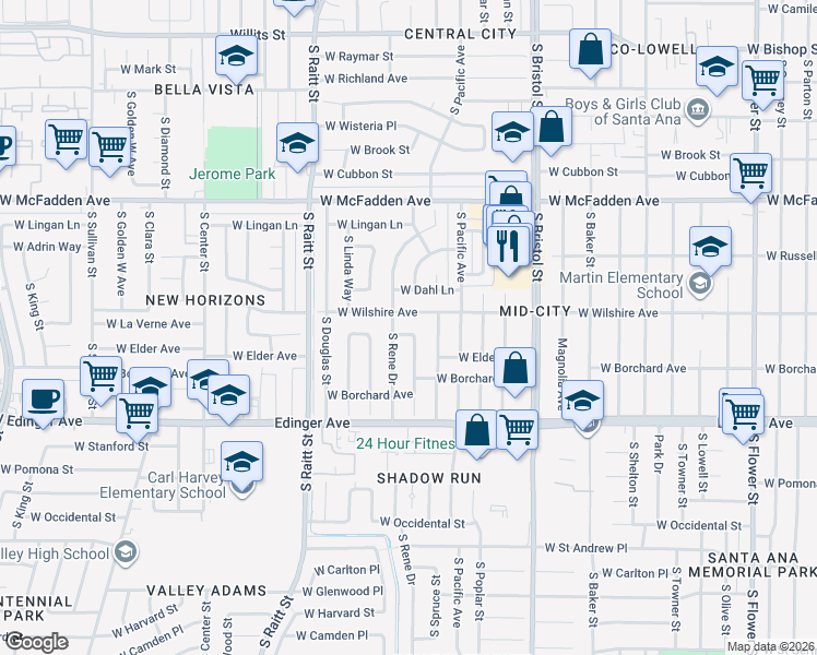 map of restaurants, bars, coffee shops, grocery stores, and more near 1612 West Wilshire Avenue in Santa Ana