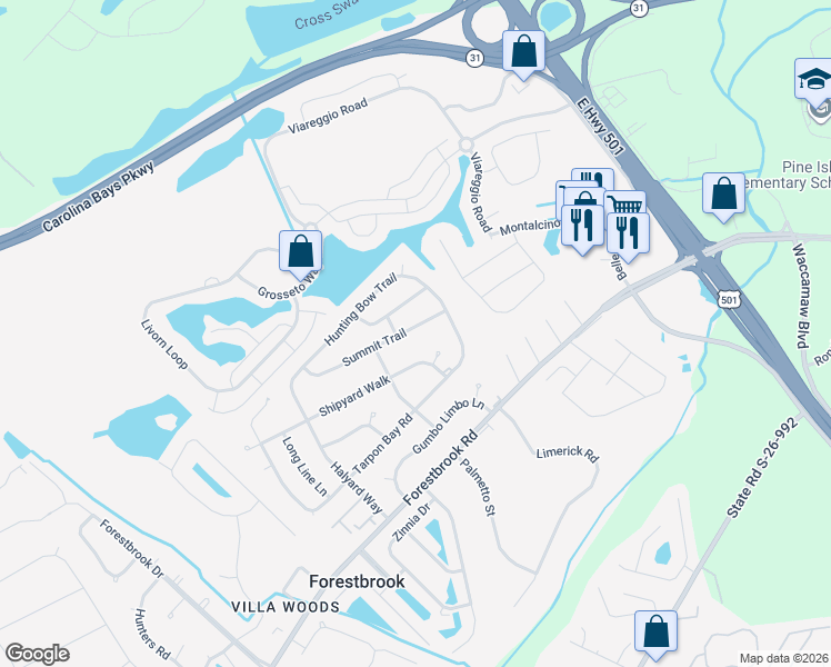 map of restaurants, bars, coffee shops, grocery stores, and more near 4342 Summit Trail in Myrtle Beach