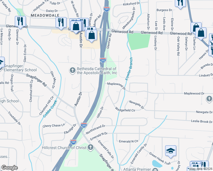 map of restaurants, bars, coffee shops, grocery stores, and more near 3833 Wedgefield Circle in Decatur