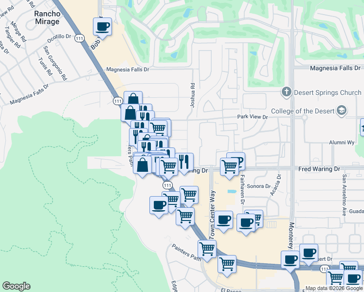 map of restaurants, bars, coffee shops, grocery stores, and more near 72440 Brushwood Drive in Palm Desert