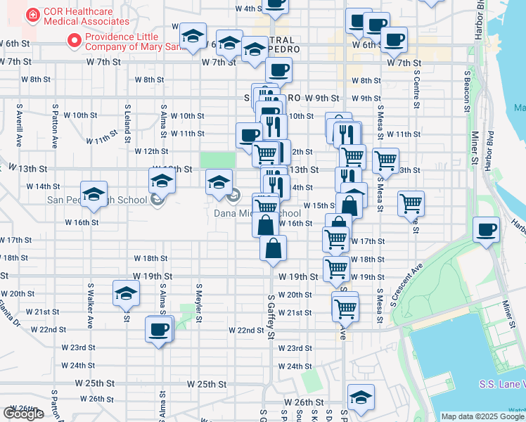 map of restaurants, bars, coffee shops, grocery stores, and more near 721 West 15th Street in Los Angeles
