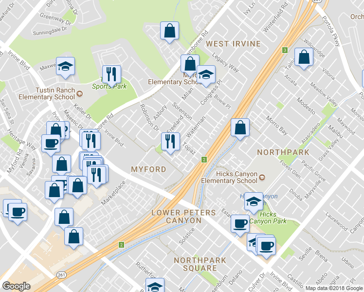 map of restaurants, bars, coffee shops, grocery stores, and more near 171 Waterman in Irvine