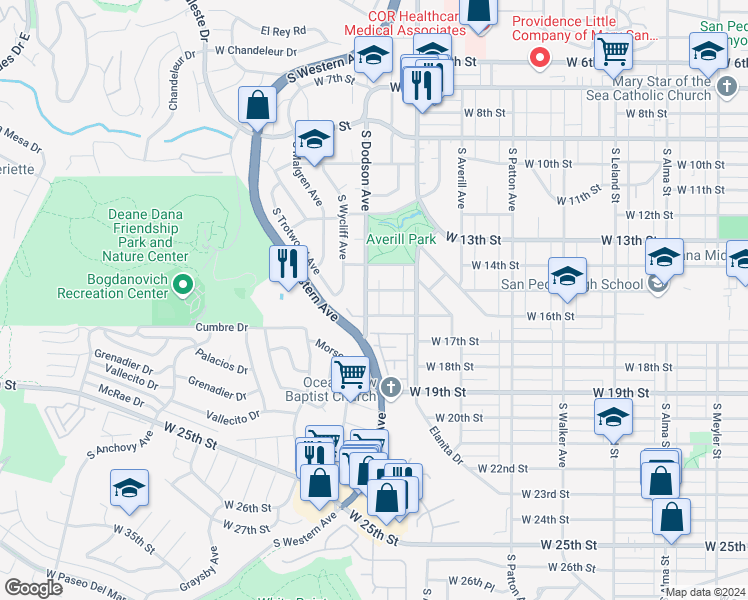 map of restaurants, bars, coffee shops, grocery stores, and more near 1504 South Dodson Avenue in Los Angeles