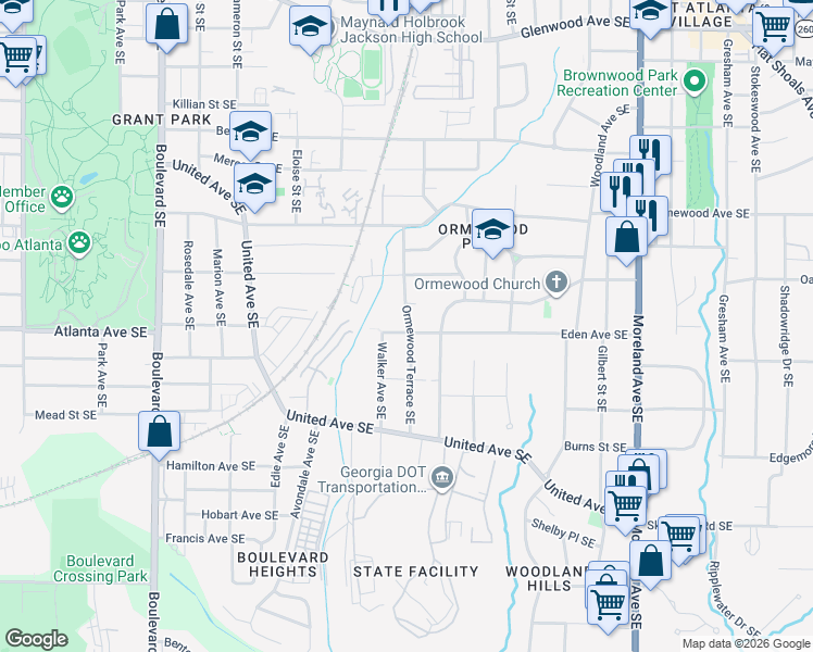 map of restaurants, bars, coffee shops, grocery stores, and more near 896 Eden Avenue Southeast in Atlanta