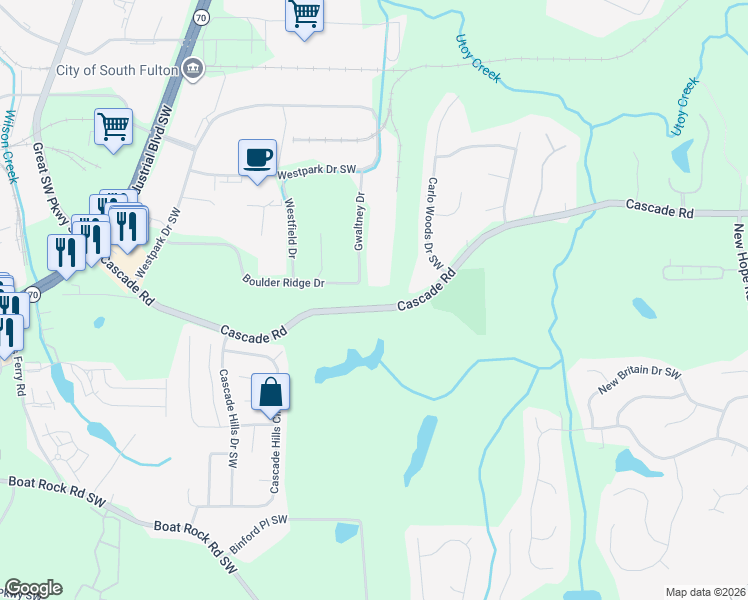 map of restaurants, bars, coffee shops, grocery stores, and more near 5165 Cascade Road in Atlanta