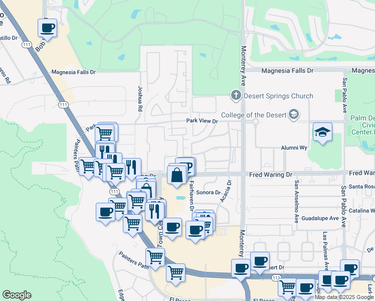 map of restaurants, bars, coffee shops, grocery stores, and more near Palm Desert Drive North in Palm Desert