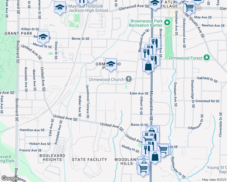 map of restaurants, bars, coffee shops, grocery stores, and more near 1010 Eden Avenue Southeast in Atlanta