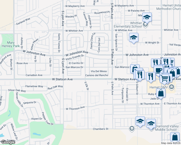 map of restaurants, bars, coffee shops, grocery stores, and more near 1193 Vía Del Mesa in Hemet