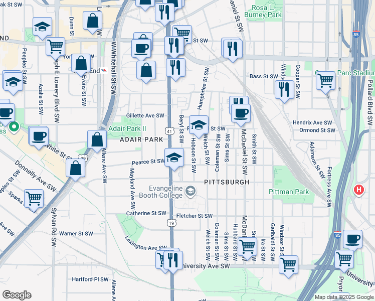 map of restaurants, bars, coffee shops, grocery stores, and more near 570 Hope Street Southwest in Atlanta