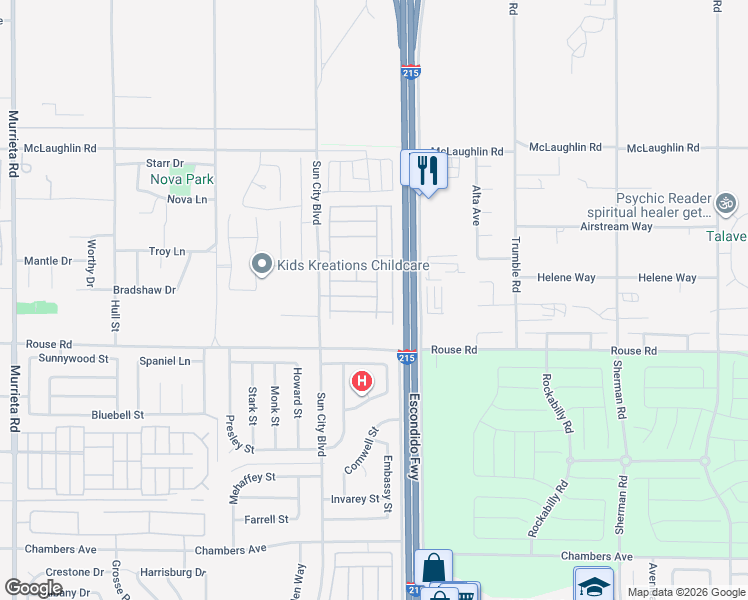 map of restaurants, bars, coffee shops, grocery stores, and more near 26884 Tropicana Drive in Menifee