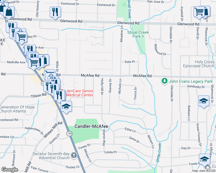 map of restaurants, bars, coffee shops, grocery stores, and more near 2053 Seavey Drive in Decatur