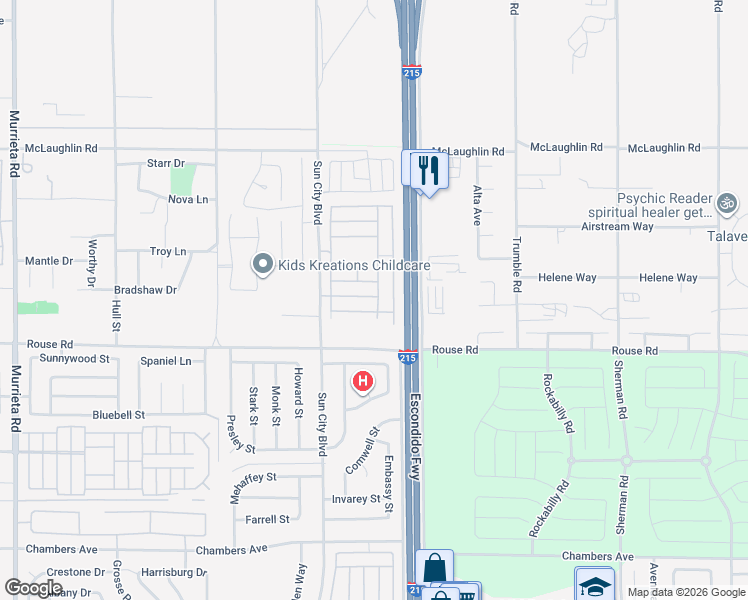 map of restaurants, bars, coffee shops, grocery stores, and more near 26891 Tropicana Drive in Menifee