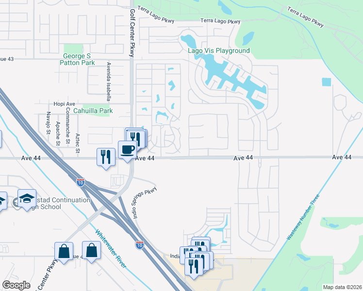 map of restaurants, bars, coffee shops, grocery stores, and more near 43847 Aquila Street in Indio