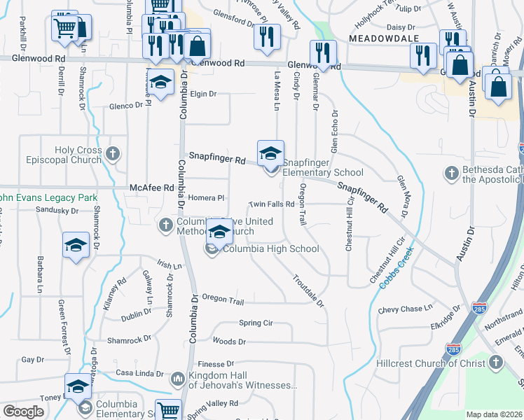 map of restaurants, bars, coffee shops, grocery stores, and more near 1992 Twin Falls Road in Decatur