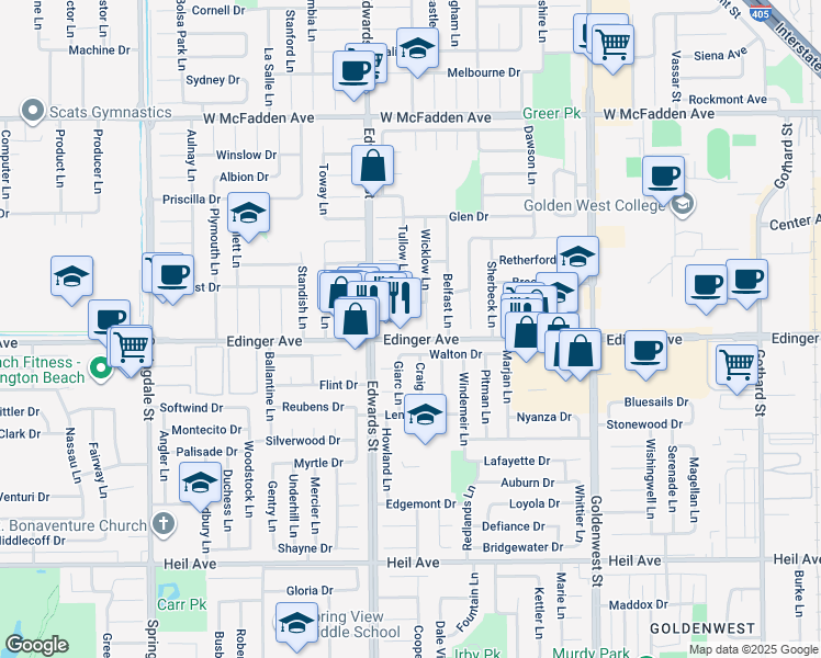 map of restaurants, bars, coffee shops, grocery stores, and more near 6581 Edinger Avenue in Huntington Beach
