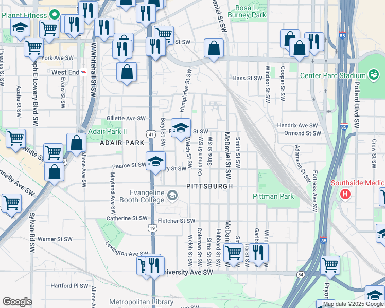 map of restaurants, bars, coffee shops, grocery stores, and more near 904 Welch Street Southwest in Atlanta