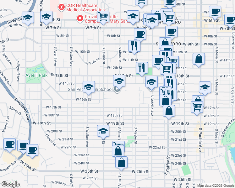 map of restaurants, bars, coffee shops, grocery stores, and more near 1001 West 15th Street in Los Angeles