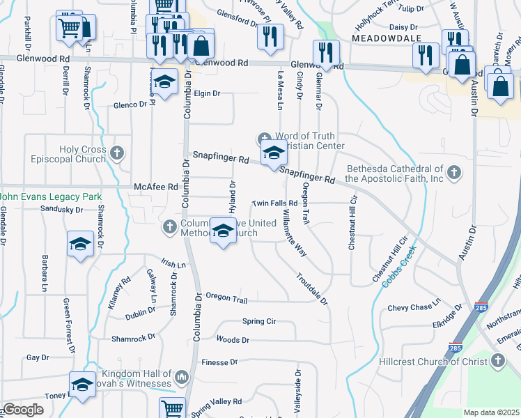 map of restaurants, bars, coffee shops, grocery stores, and more near 1992 Twin Falls Road in Decatur
