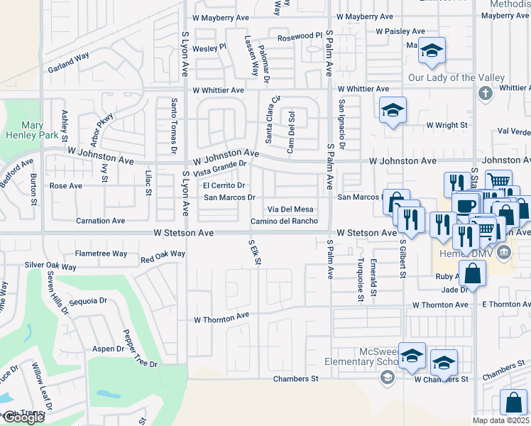 map of restaurants, bars, coffee shops, grocery stores, and more near 1139 Vía Del Mesa in Hemet