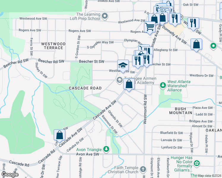 map of restaurants, bars, coffee shops, grocery stores, and more near 1679 Altadena Place Southwest in Atlanta