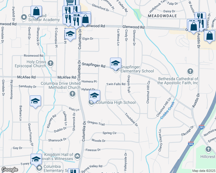map of restaurants, bars, coffee shops, grocery stores, and more near 2002 Twin Falls Road in Decatur