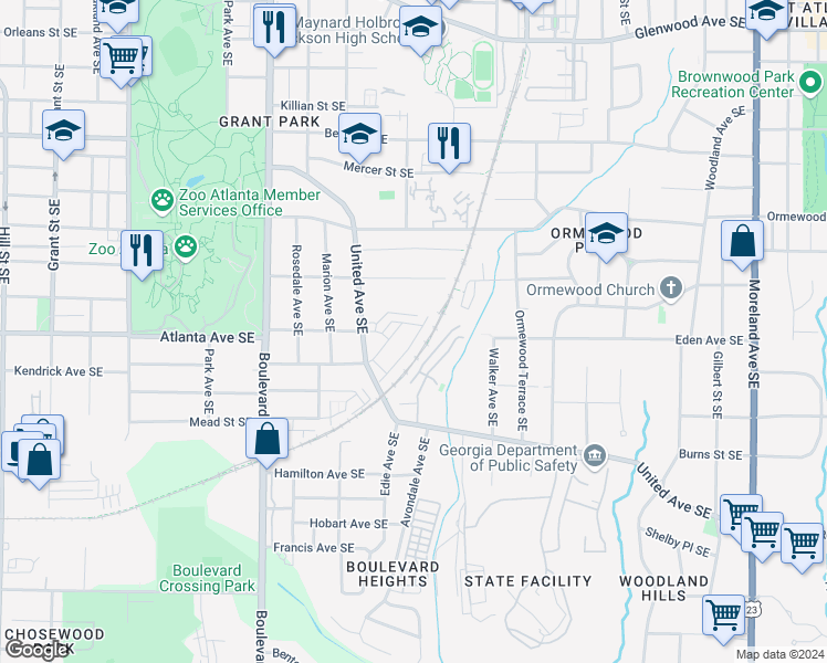 map of restaurants, bars, coffee shops, grocery stores, and more near 862 Commonwealth Avenue Southeast in Atlanta